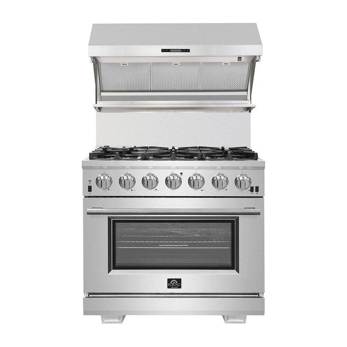 Forno 36" Gas Range, Wall Mount Hood with Backsplash, 36" French Door Refrigerator and Stainless Steel Dishwasher Pro Appliance Package