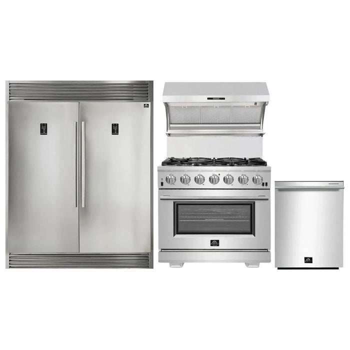 Forno 36" Gas Range, Wall Mount Hood with Backsplash, 56" Pro-Style Refrigerator and Stainless Steel Dishwasher Pro Appliance Package