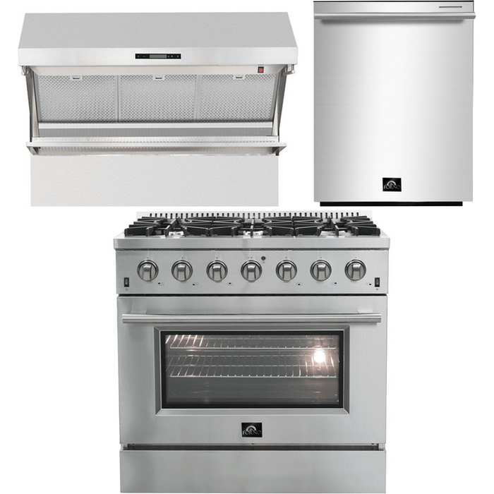 Forno 36" Gas Range + Wall Mount Range Hood + Built-In Dishwasher Appliance Package