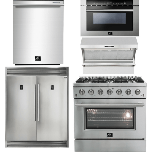 Forno 36" Gas Range + Wall Mount Range Hood + Refrigerator + Microwave Drawer + Built-In Dishwasher Appliance Package