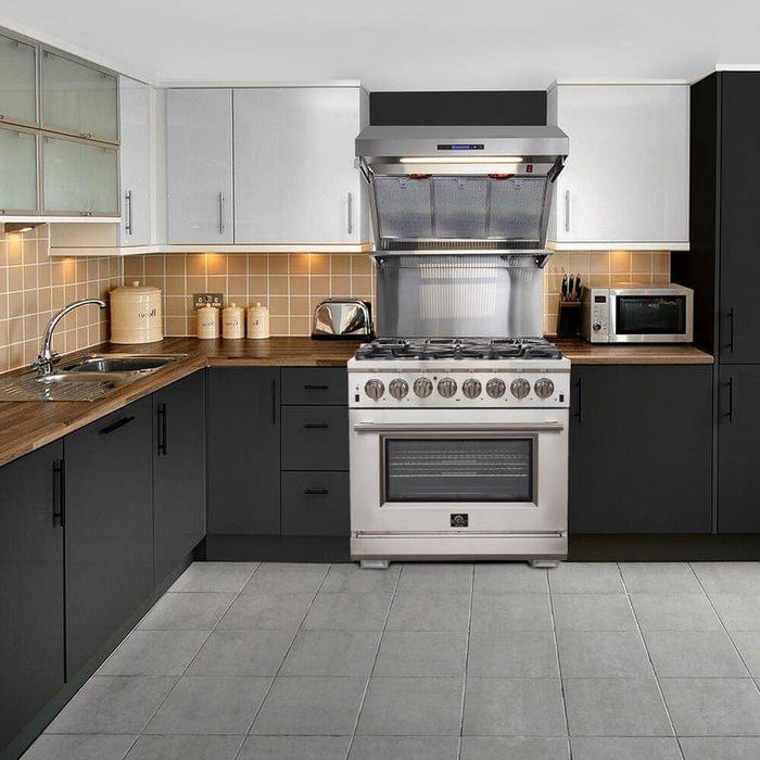 Forno 36" Gas Range + Wall Mount Range Hood + Refrigerator + Microwave Drawer + Built-In Dishwasher Appliance Package