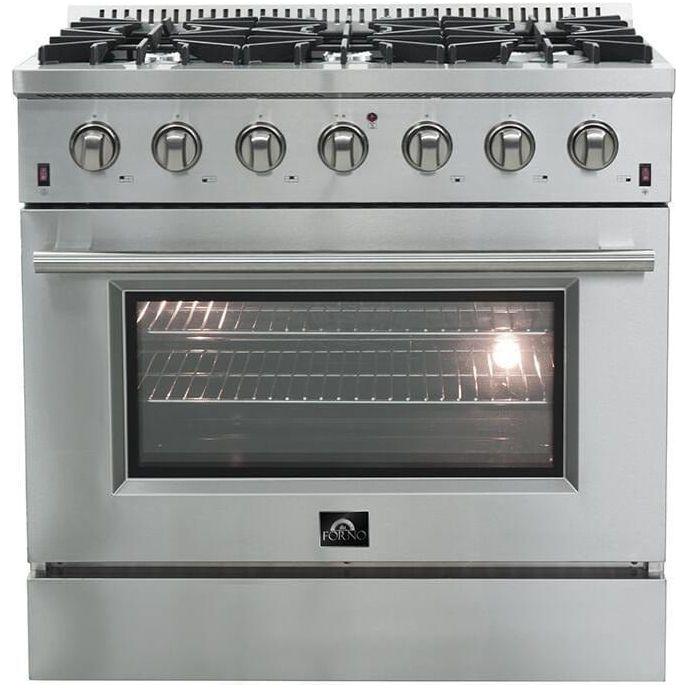 Forno 36" Gas Range + Wall Mount Range Hood + Refrigerator + Microwave Drawer + Built-In Dishwasher Appliance Package