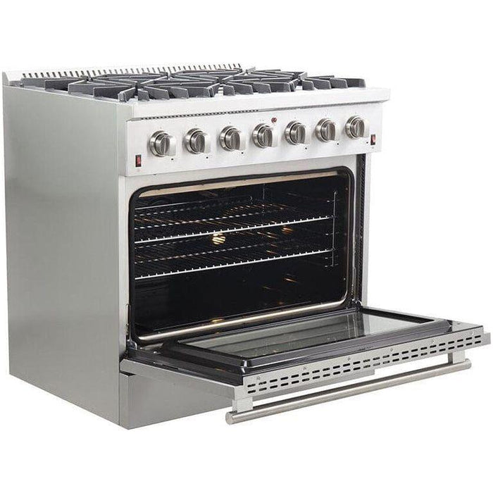 Forno 36" Gas Range + Wall Mount Range Hood + Refrigerator + Microwave Drawer + Built-In Dishwasher Appliance Package