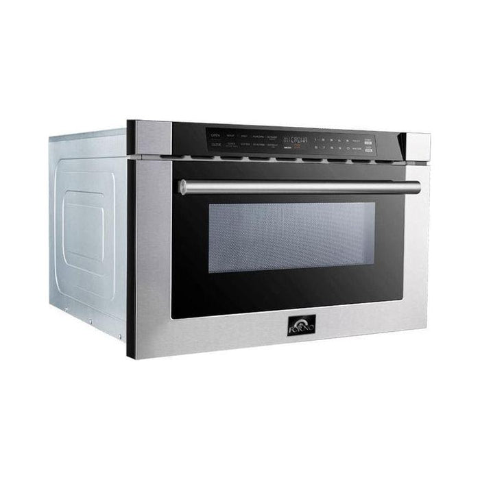 Forno 36" Gas Range + Wall Mount Range Hood + Refrigerator + Microwave Drawer + Built-In Dishwasher Appliance Package