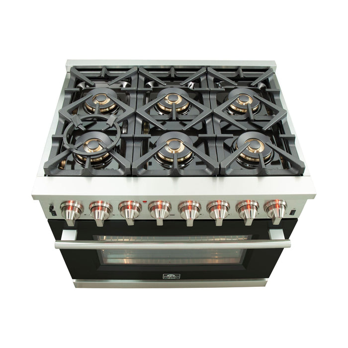 Forno 36-Inch Capriasca Dual Fuel Range with 6 Gas Burners and 240v Electric Oven in Stainless Steel with Black Door (FFSGS6187-36BLK)