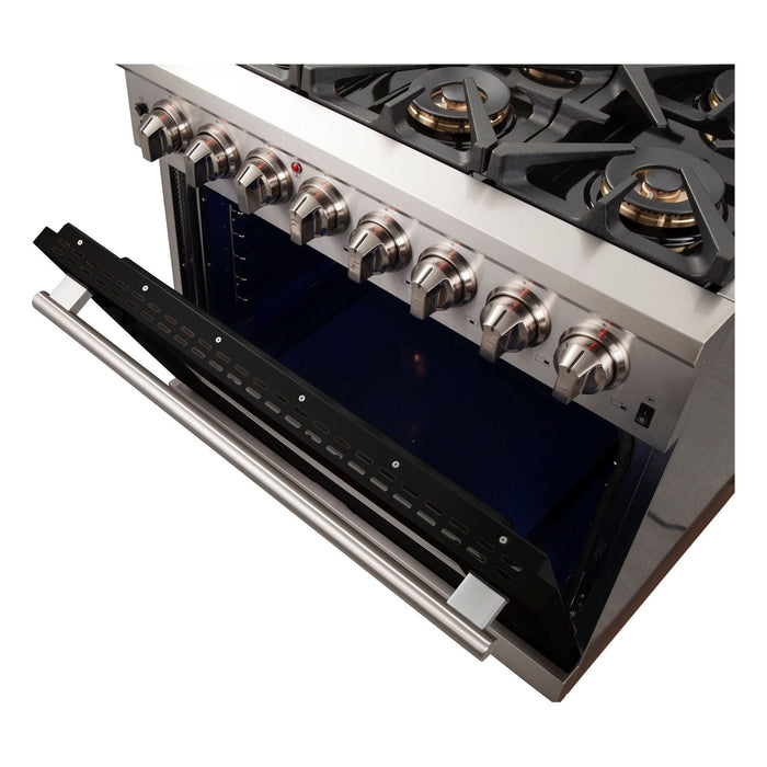 Forno 36-Inch Capriasca Dual Fuel Range with 6 Gas Burners and 240v Electric Oven in Stainless Steel with Black Door (FFSGS6187-36BLK)