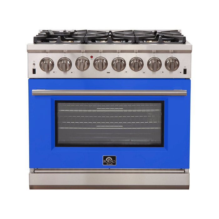 Forno 36-Inch Capriasca Dual Fuel Range with 6 Gas Burners and 240v Electric Oven in Stainless Steel with Blue Door (FFSGS6187-36BLU)