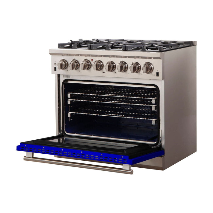 Forno 36-Inch Capriasca Dual Fuel Range with 6 Gas Burners and 240v Electric Oven in Stainless Steel with Blue Door (FFSGS6187-36BLU)