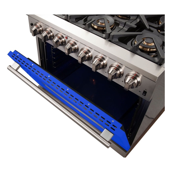 Forno 36-Inch Capriasca Dual Fuel Range with 6 Gas Burners and 240v Electric Oven in Stainless Steel with Blue Door (FFSGS6187-36BLU)