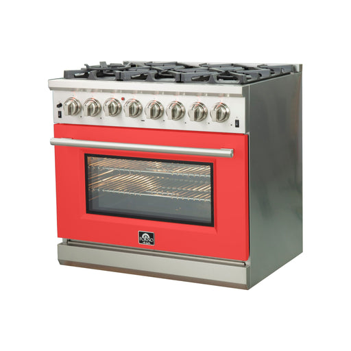 Forno 36-Inch Capriasca Dual Fuel Range with 6 Gas Burners and 240v Electric Oven in Stainless Steel with Red Door (FFSGS6187-36RED)