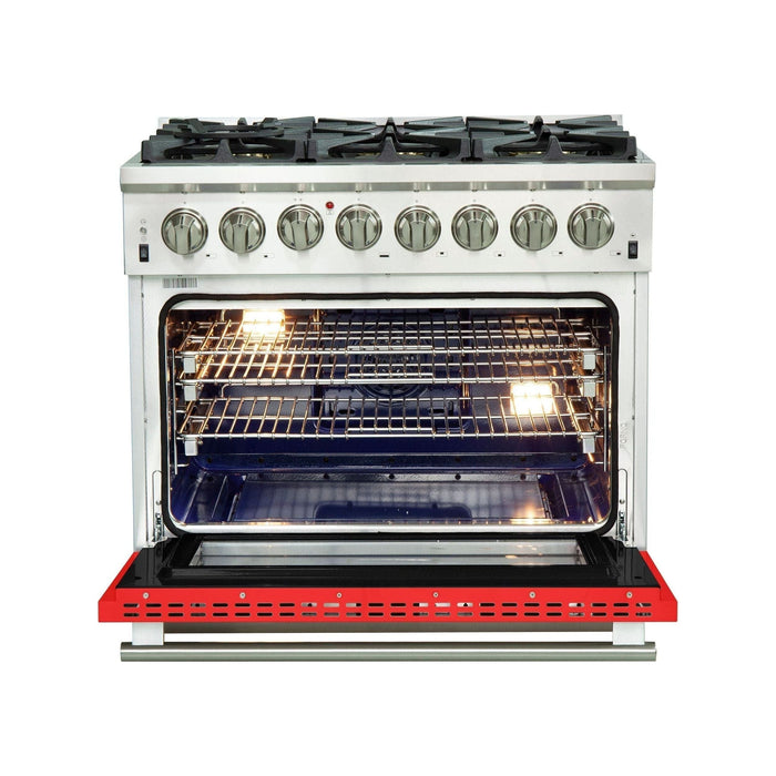 Forno 36-Inch Capriasca Dual Fuel Range with 6 Gas Burners and 240v Electric Oven in Stainless Steel with Red Door (FFSGS6187-36RED)