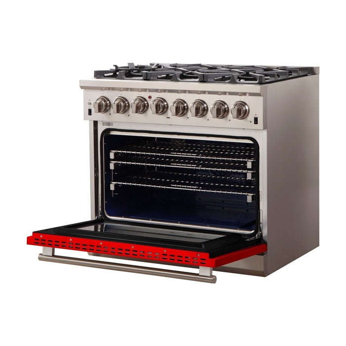 Forno 36-Inch Capriasca Dual Fuel Range with 6 Gas Burners and 240v Electric Oven in Stainless Steel with Red Door (FFSGS6187-36RED)