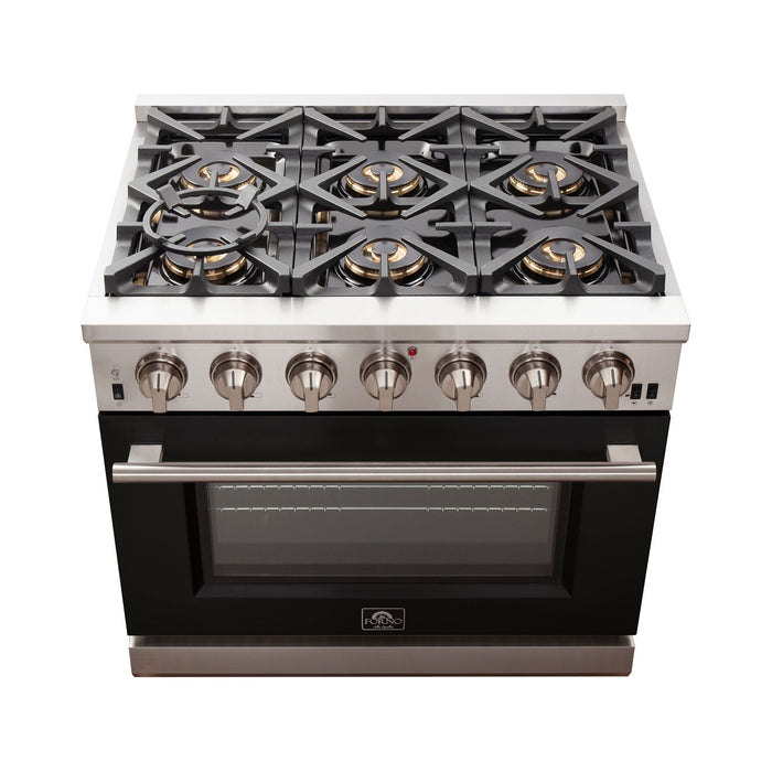 Forno 36-Inch Capriasca Gas Range with 6 Burners and Convection Oven in Stainless Steel with Black Door (FFSGS6260-36BLK)