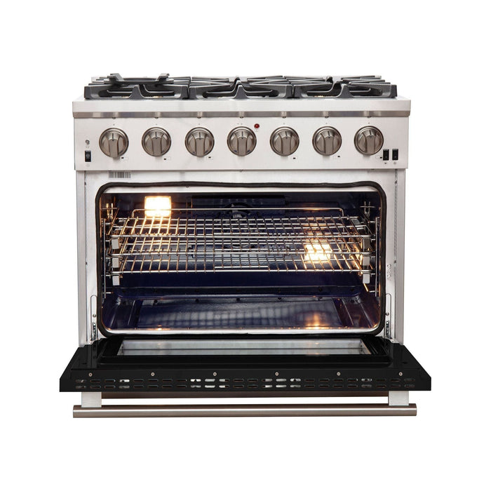 Forno 36-Inch Capriasca Gas Range with 6 Burners and Convection Oven in Stainless Steel with Black Door (FFSGS6260-36BLK)