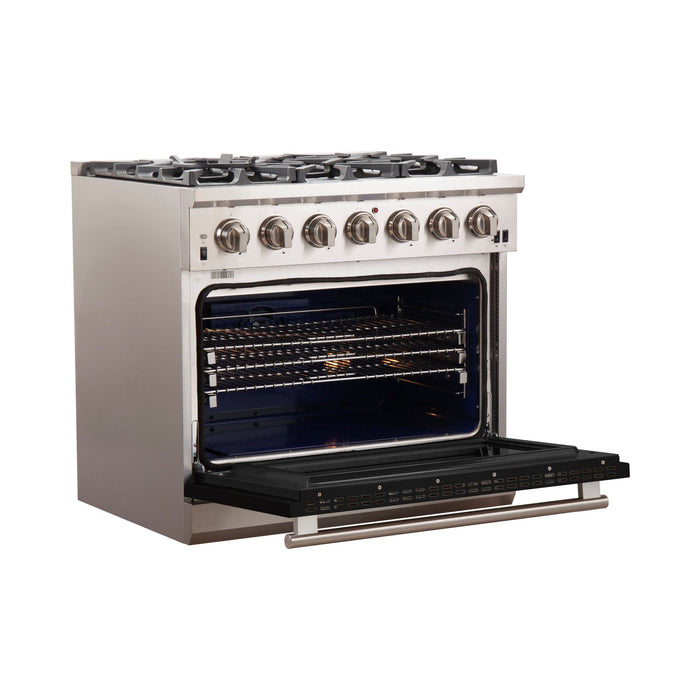 Forno 36-Inch Capriasca Gas Range with 6 Burners and Convection Oven in Stainless Steel with Black Door (FFSGS6260-36BLK)