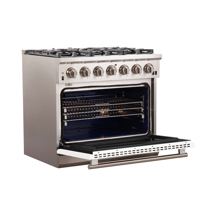 Forno 36-Inch Capriasca Gas Range with 6 Burners and Convection Oven in Stainless Steel with White Door FFSGS6260-36WHT