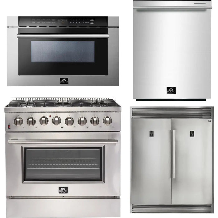 Forno 36 Inch Dual Fuel Range, 60 Inch Refrigerator, Microwave Drawer and Dishwasher Appliance Package