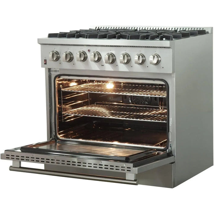 Forno 36 Inch Dual Fuel Range, 60 Inch Refrigerator, Microwave Drawer and Dishwasher Appliance Package