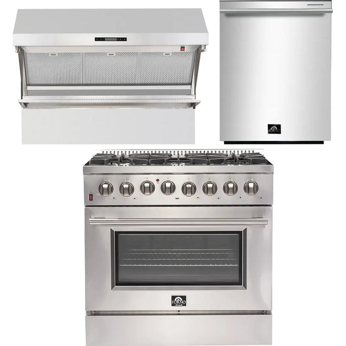 Forno 36 Inch Dual Fuel Range, Wall Mount Range Hood and Dishwasher Appliance Package