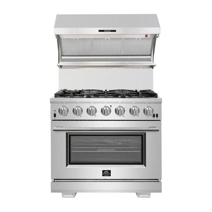 Forno 36 Inch Dual Fuel Range, Wall Mount Range Hood and Dishwasher Appliance Package