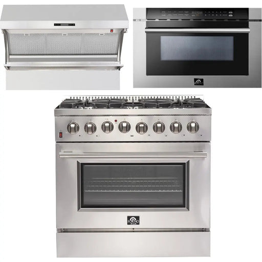 Forno 36 Inch Dual Fuel Range, Wall Mount Range Hood and Microwave Drawer Appliance Package