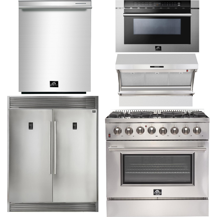 Forno 36 Inch Dual Fuel Range, Wall Mount Range Hood, Refrigerator, Microwave Drawer and Dishwasher Appliance Package