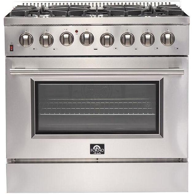 Forno 36 Inch Dual Fuel Range, Wall Mount Range Hood, Refrigerator, Microwave Drawer and Dishwasher Appliance Package