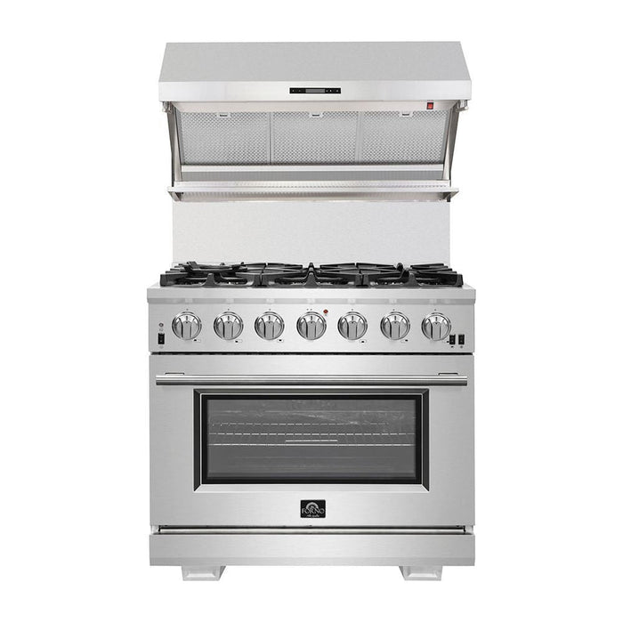 Forno 36 Inch Dual Fuel Range, Wall Mount Range Hood, Refrigerator, Microwave Drawer and Dishwasher Appliance Package