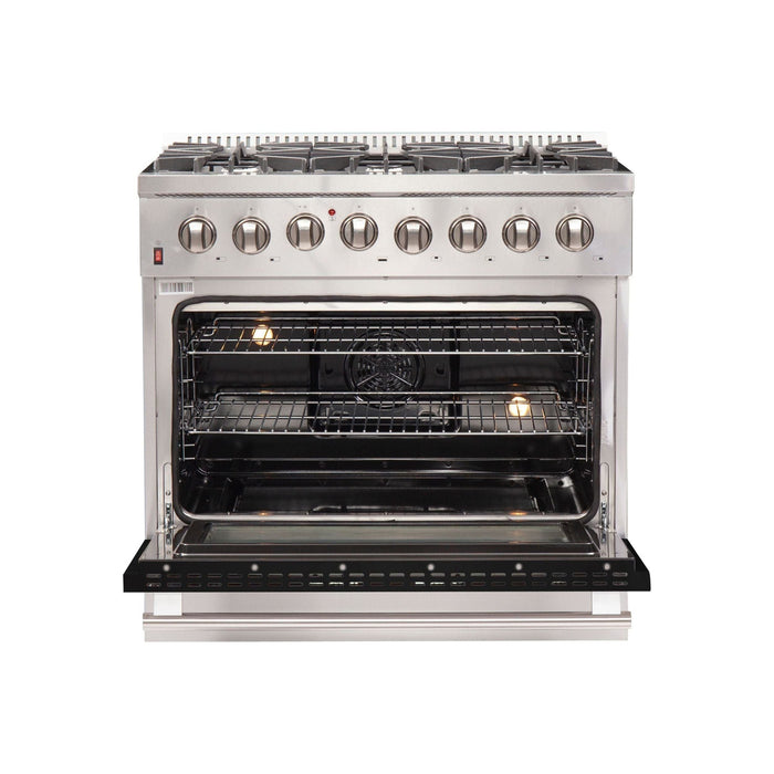 Forno 36-Inch Galiano Dual Fuel Range with 6 Gas Burners and 240v Electric Oven in Stainless Steel with Black Door (FFSGS6156-36BLK)