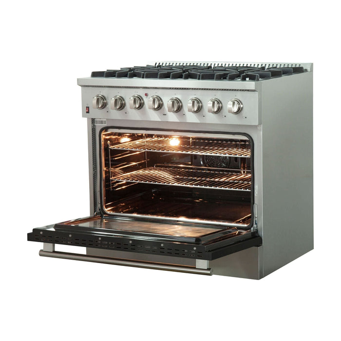 Forno 36-Inch Galiano Dual Fuel Range with 6 Gas Burners and 240v Electric Oven in Stainless Steel with Black Door (FFSGS6156-36BLK)