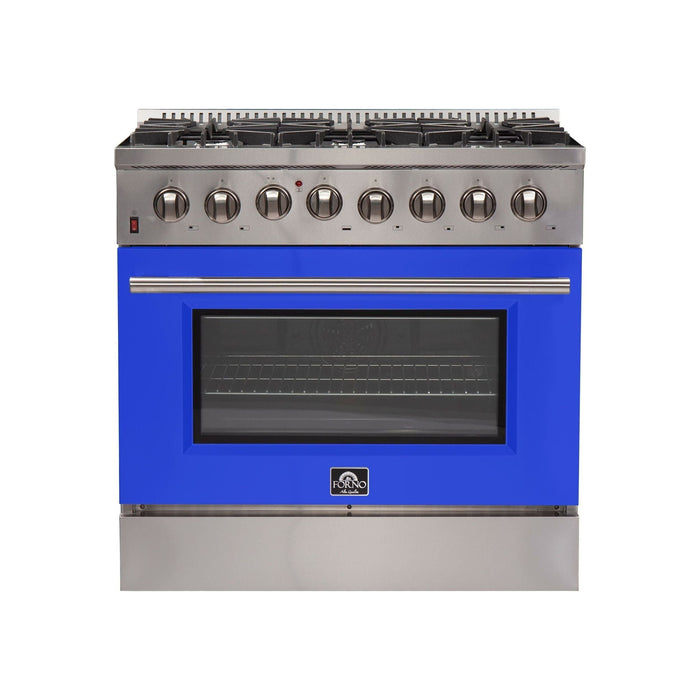 Forno 36-Inch Galiano Dual Fuel Range with 6 Gas Burners and 240v Electric Oven in Stainless Steel with Blue Door (FFSGS6156-36BLU)