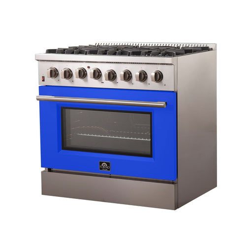 Forno 36-Inch Galiano Dual Fuel Range with 6 Gas Burners and 240v Electric Oven in Stainless Steel with Blue Door (FFSGS6156-36BLU)