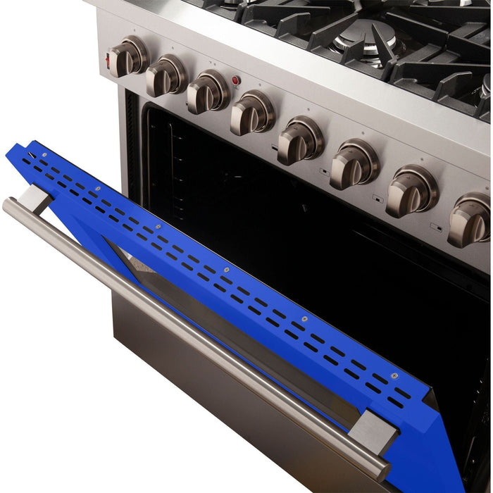 Forno 36-Inch Galiano Dual Fuel Range with 6 Gas Burners and 240v Electric Oven in Stainless Steel with Blue Door (FFSGS6156-36BLU)