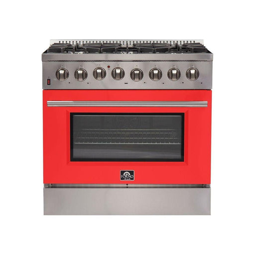 Forno 36-Inch Galiano Dual Fuel Range with 6 Gas Burners and 240v Electric Oven in Stainless Steel with Red Door (FFSGS6156-36RED)