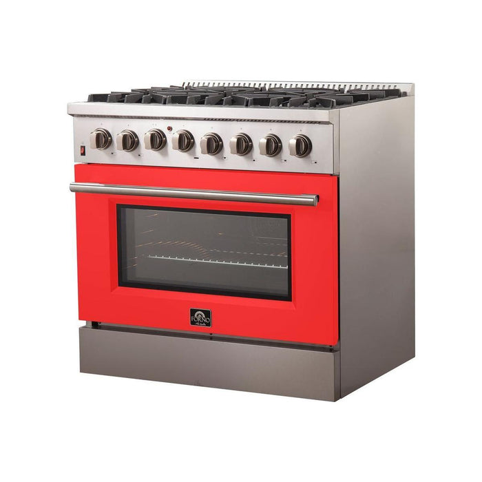 Forno 36-Inch Galiano Dual Fuel Range with 6 Gas Burners and 240v Electric Oven in Stainless Steel with Red Door (FFSGS6156-36RED)