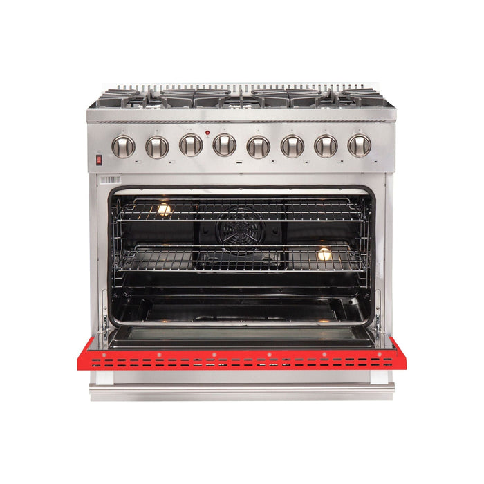 Forno 36-Inch Galiano Dual Fuel Range with 6 Gas Burners and 240v Electric Oven in Stainless Steel with Red Door (FFSGS6156-36RED)