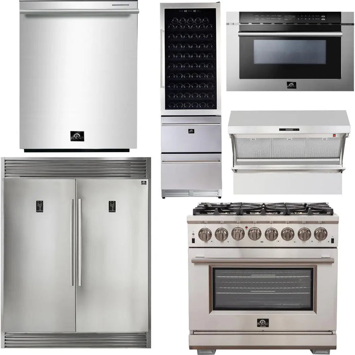 Forno 36 Inch Gas Burner/Electric Oven Pro Range, Range Hood, Refrigerator, Microwave Drawer, Dishwasher and Wine Cooler Appliance Package