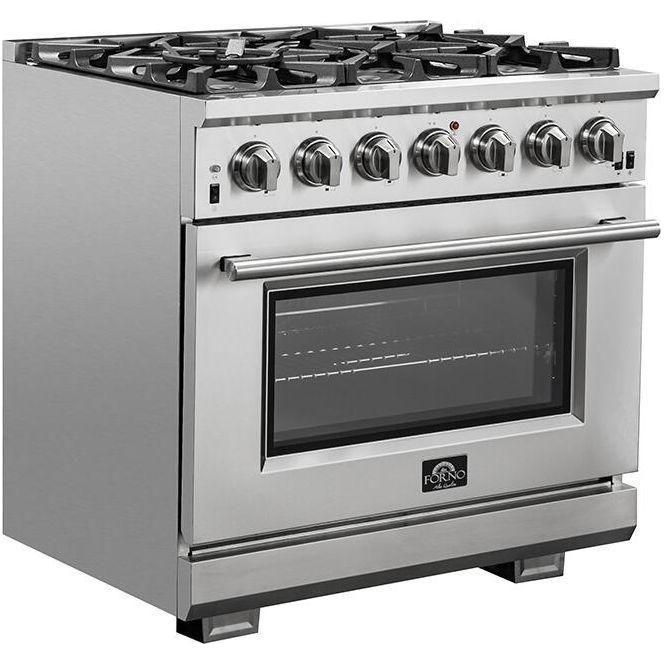 Forno 36 Inch Gas Burner/Electric Oven Pro Range, Range Hood, Refrigerator, Microwave Drawer, Dishwasher and Wine Cooler Appliance Package