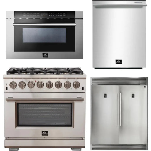 Forno 36 Inch Gas Burner/Electric Oven Pro Range, Refrigerator, Microwave Drawer and Dishwasher Appliance Package