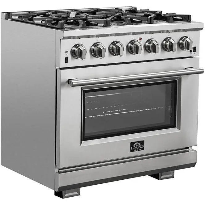 Forno 36 Inch Gas Burner/Electric Oven Pro Range, Refrigerator, Microwave Drawer and Dishwasher Appliance Package