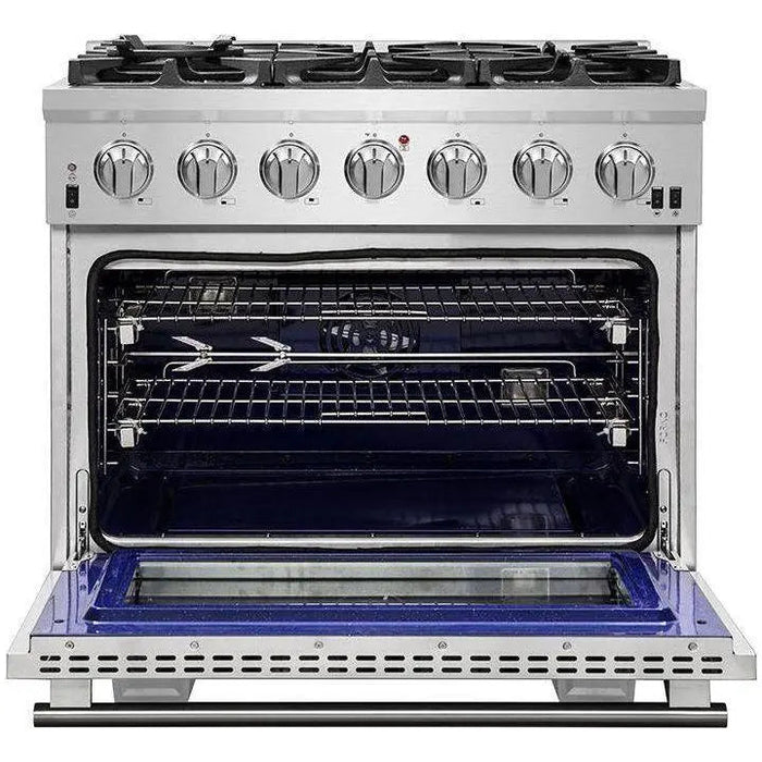 Forno 36 Inch Gas Burner/Electric Oven Pro Range, Refrigerator, Microwave Drawer and Dishwasher Appliance Package