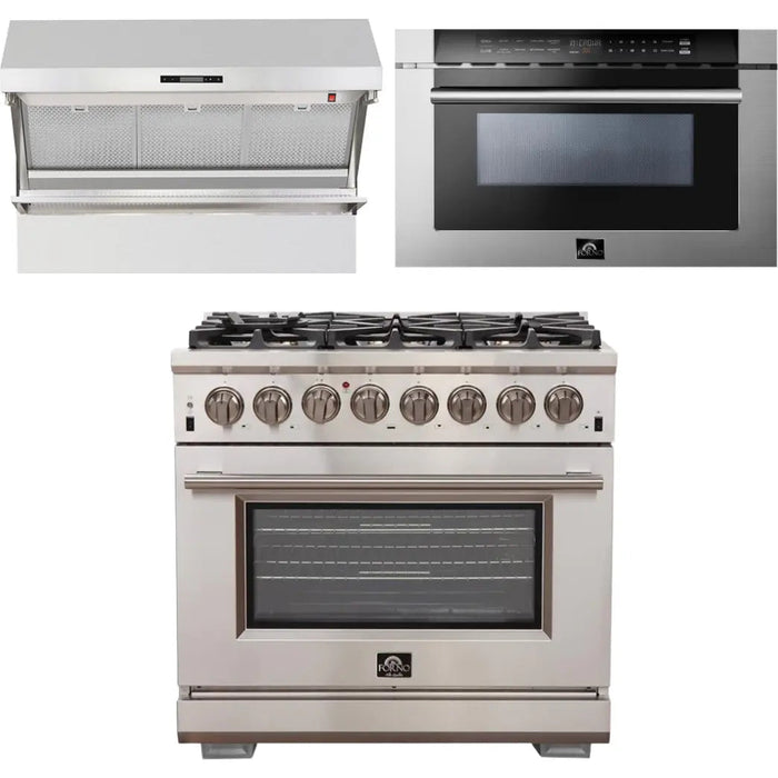 Forno 36 Inch Gas Burner/Electric Oven Pro Range, Wall Mount Range Hood and Microwave Drawer Appliance Package