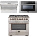 Forno 36 Inch Gas Burner/Electric Oven Pro Range, Wall Mount Range Hood and Microwave Drawer Appliance Package