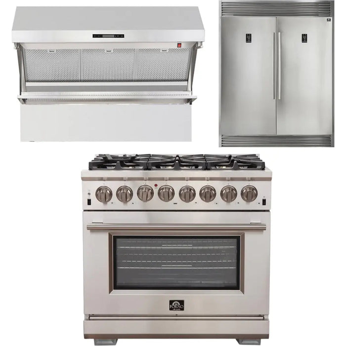 Forno 36 Inch Gas Burner/Electric Oven Pro Range, Wall Mount Range Hood and Refrigerator Appliance Package