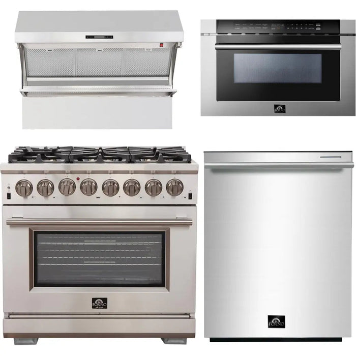 Forno 36 Inch Gas Burner/Electric Oven Pro Range, Wall Mount Range Hood, Microwave Drawer and Dishwasher Appliance Package