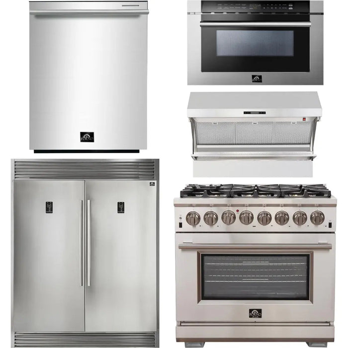 Forno 36 Inch Gas Burner/Electric Oven Pro Range, Wall Mount Range Hood, Refrigerator, Microwave Drawer and Dishwasher Appliance Package