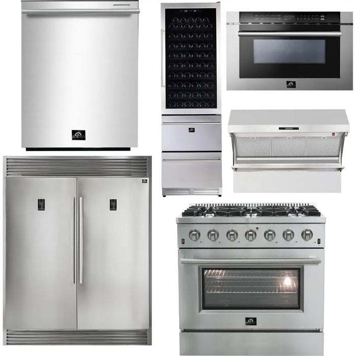 Forno 36 Inch Gas Range, Range Hood, Refrigerator, Microwave Drawer, Dishwasher and Wine Cooler Appliance Package