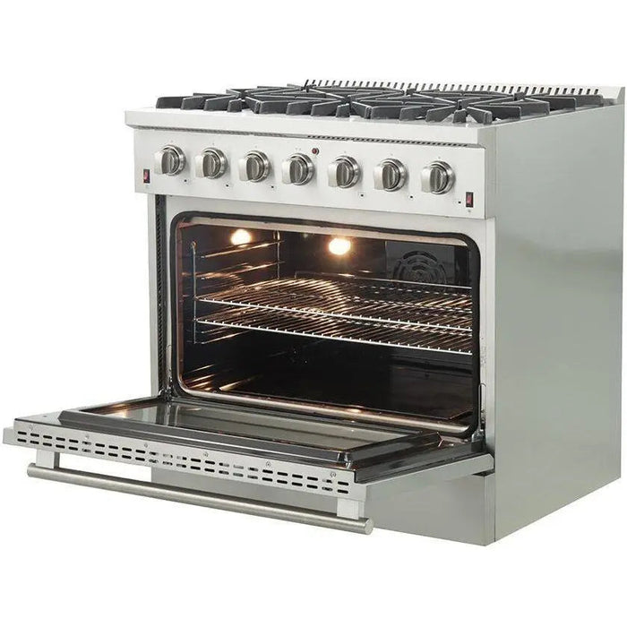 Forno 36 Inch Gas Range, Range Hood, Refrigerator, Microwave Drawer, Dishwasher and Wine Cooler Appliance Package