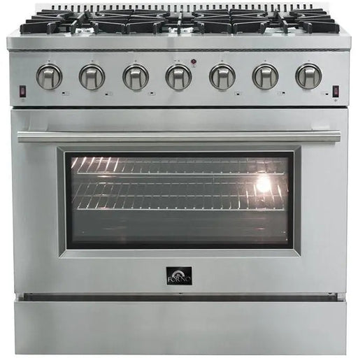 Forno 36 Inch Gas Range, Wall Mount Range Hood and Microwave Drawer Appliance Package