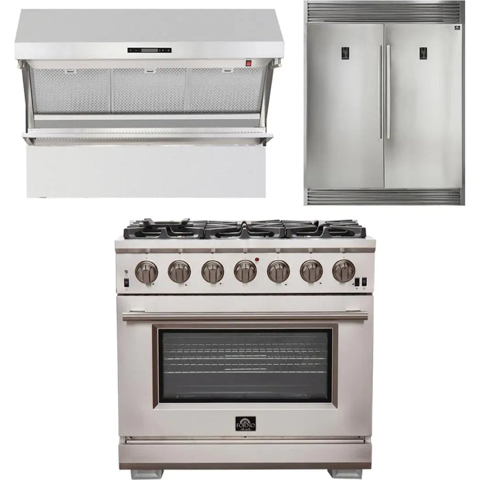 Forno 36 Inch Pro Gas Range, Wall Mount Range Hood and Refrigerator Appliance Package